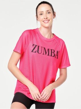 NWT Zumba Wear Pink HAPPY Women's Logo Breathable Mesh Tee size Small